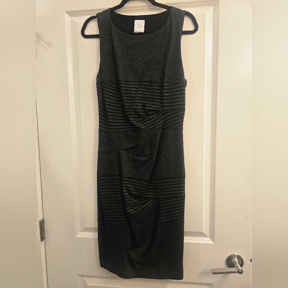 Nicole Miller Studio Black Asymmetrical Striped Ruched Sheath Dress Size